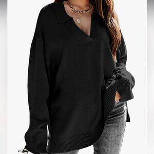 Women’s V Neck Collared Oversized Sweater, Size Small, Black